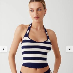 New Frankie’s Bikinis Marialla Knit Halter Top in Sea Stripe
